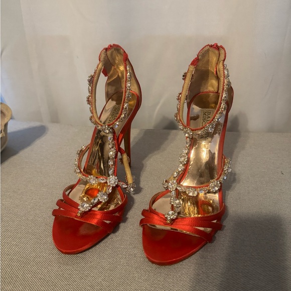 Badgley Mischka Red Satin Crystal Stiletto Heels - Picture 1 of 4
